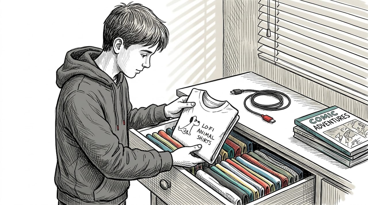 Teen organizing T-shirts upright in drawer