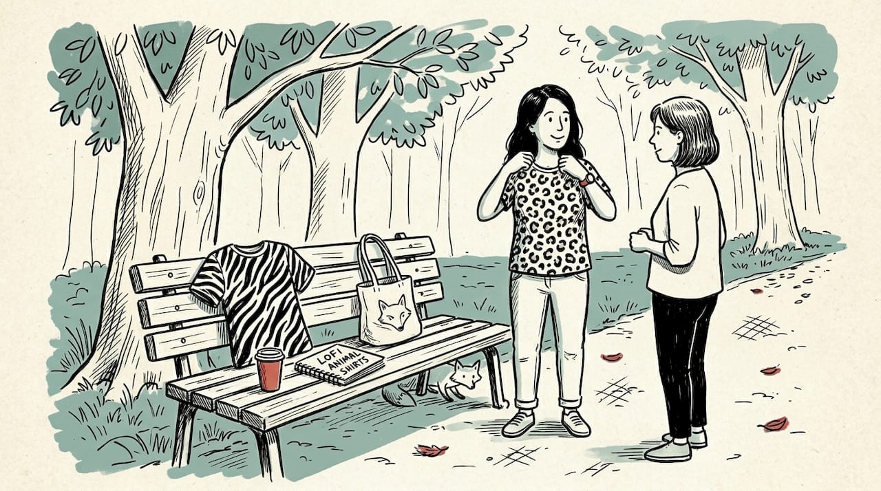 Woman in leopard print tee chatting outdoors
