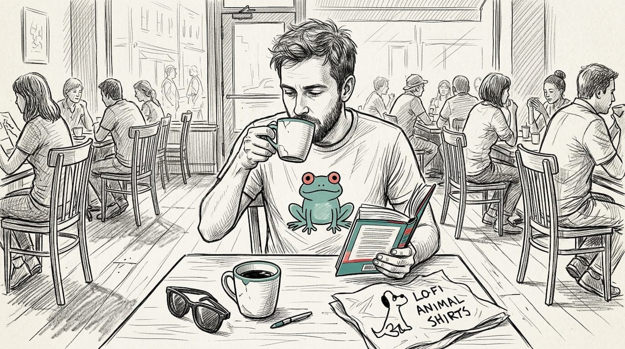 Man in graphic t-shirt at busy coffee shop