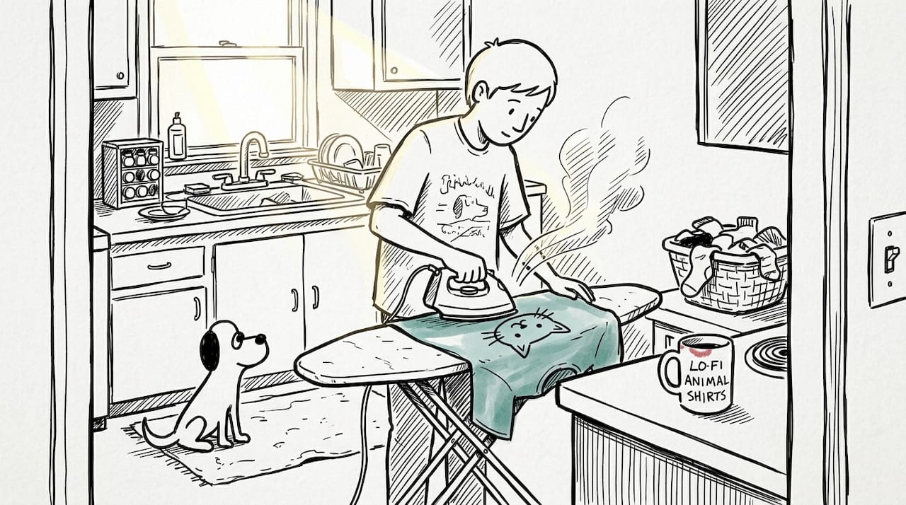 Parent ironing animal shirt in kitchen