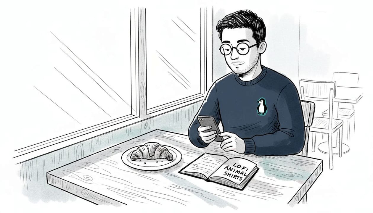 Man in minimalist sweatshirt using phone in café