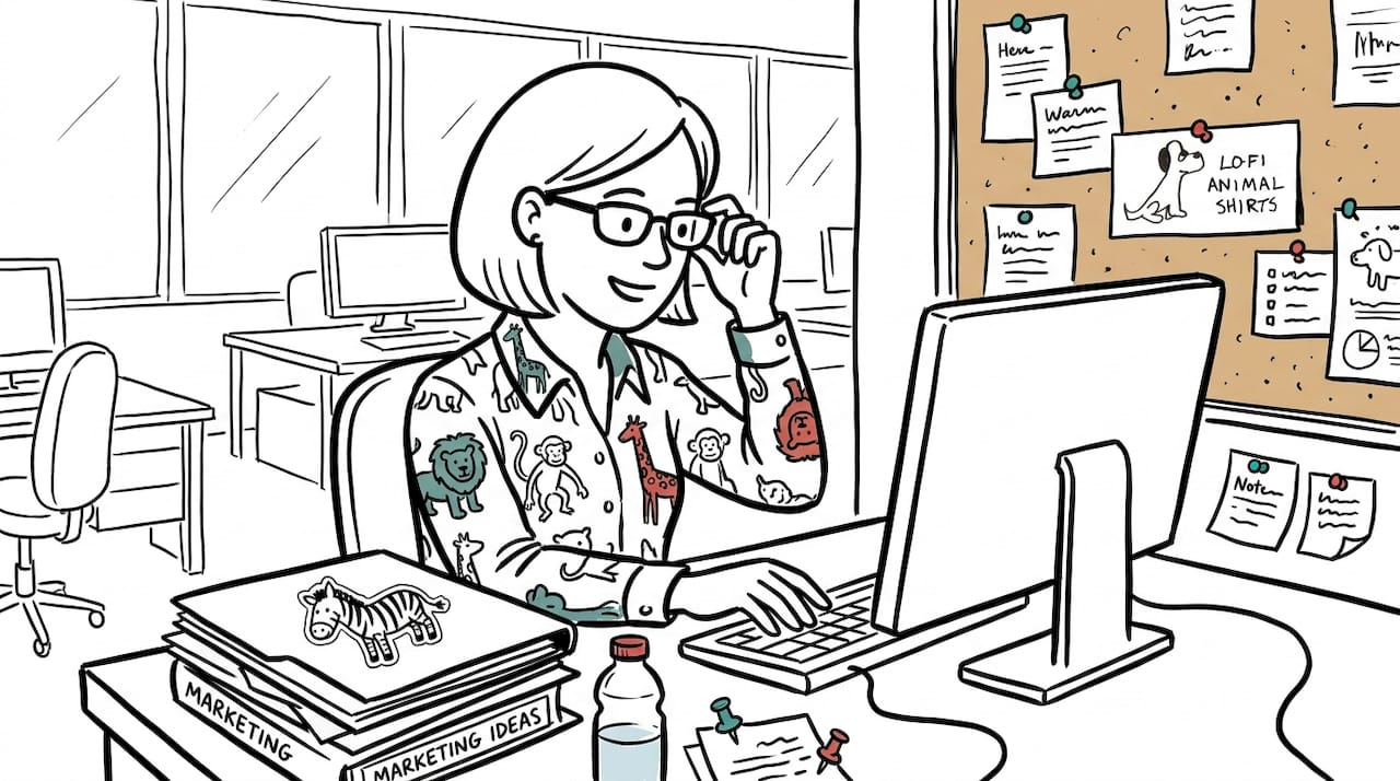 Professional in playful animal print at office desk