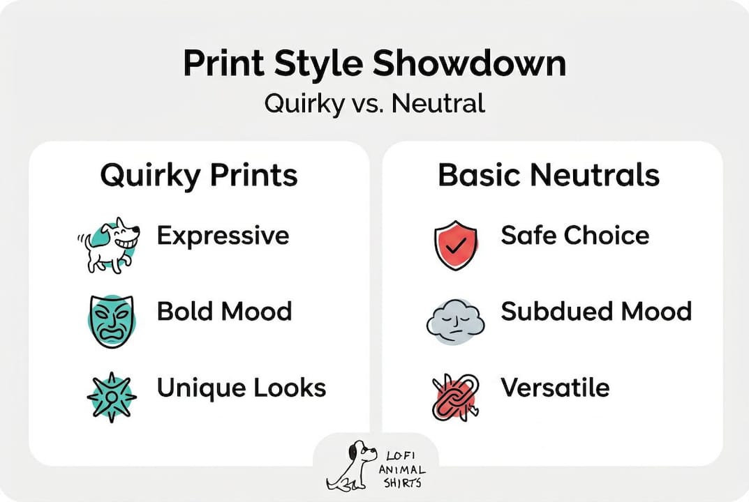 Split infographic comparing quirky and neutral prints