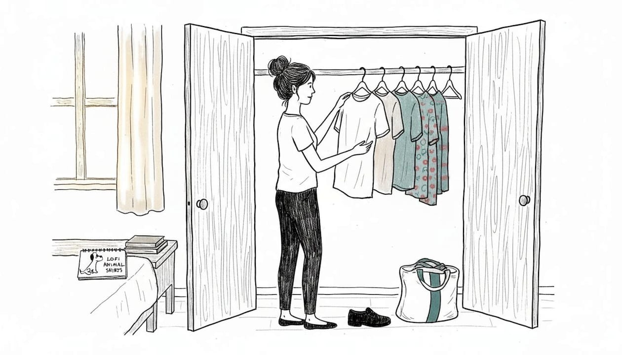 Woman organizing minimalist clothes in closet
