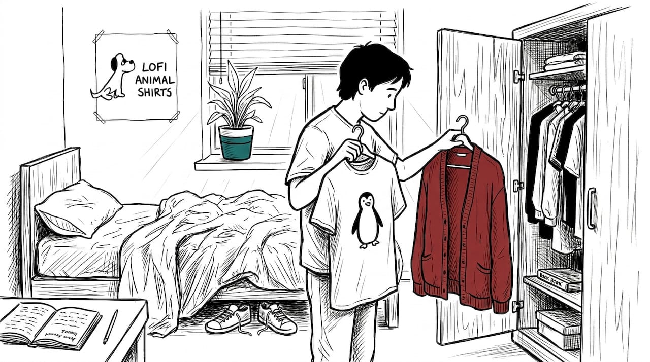 Person choosing animal shirt layers in bedroom