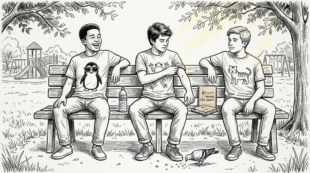 Friends relax in park wearing animal tees