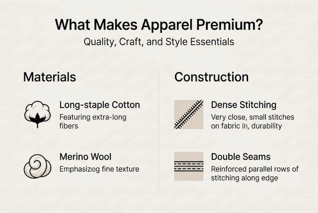 Infographic showing materials and construction of premium apparel