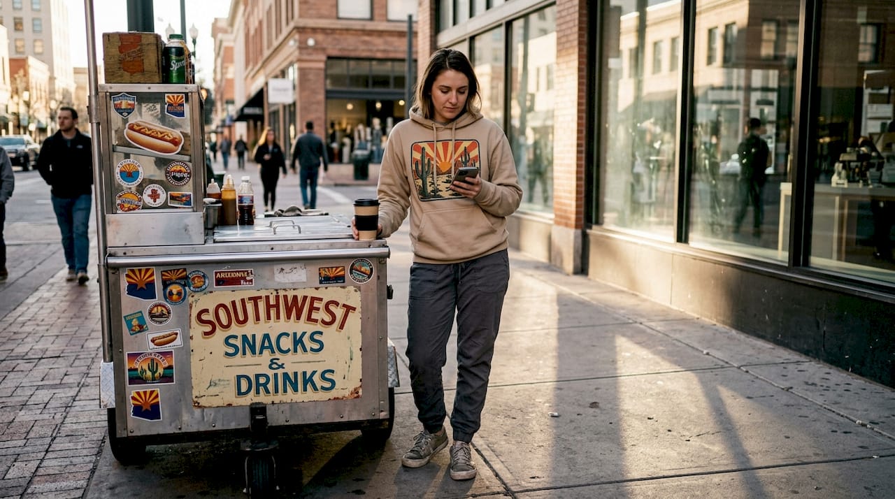 Woman layering hoodies beside vending cart