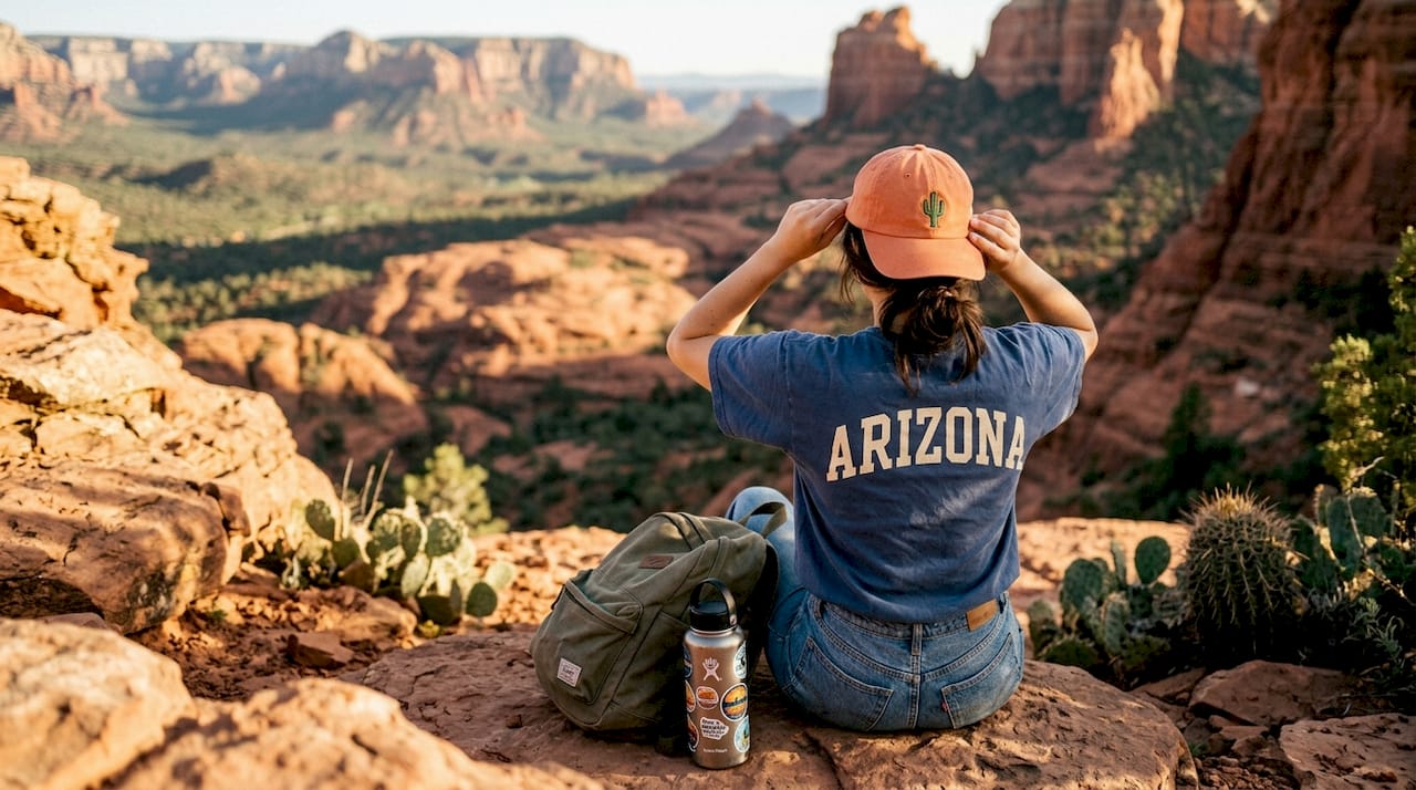 Local woman wearing Arizona souvenir shirt outdoors