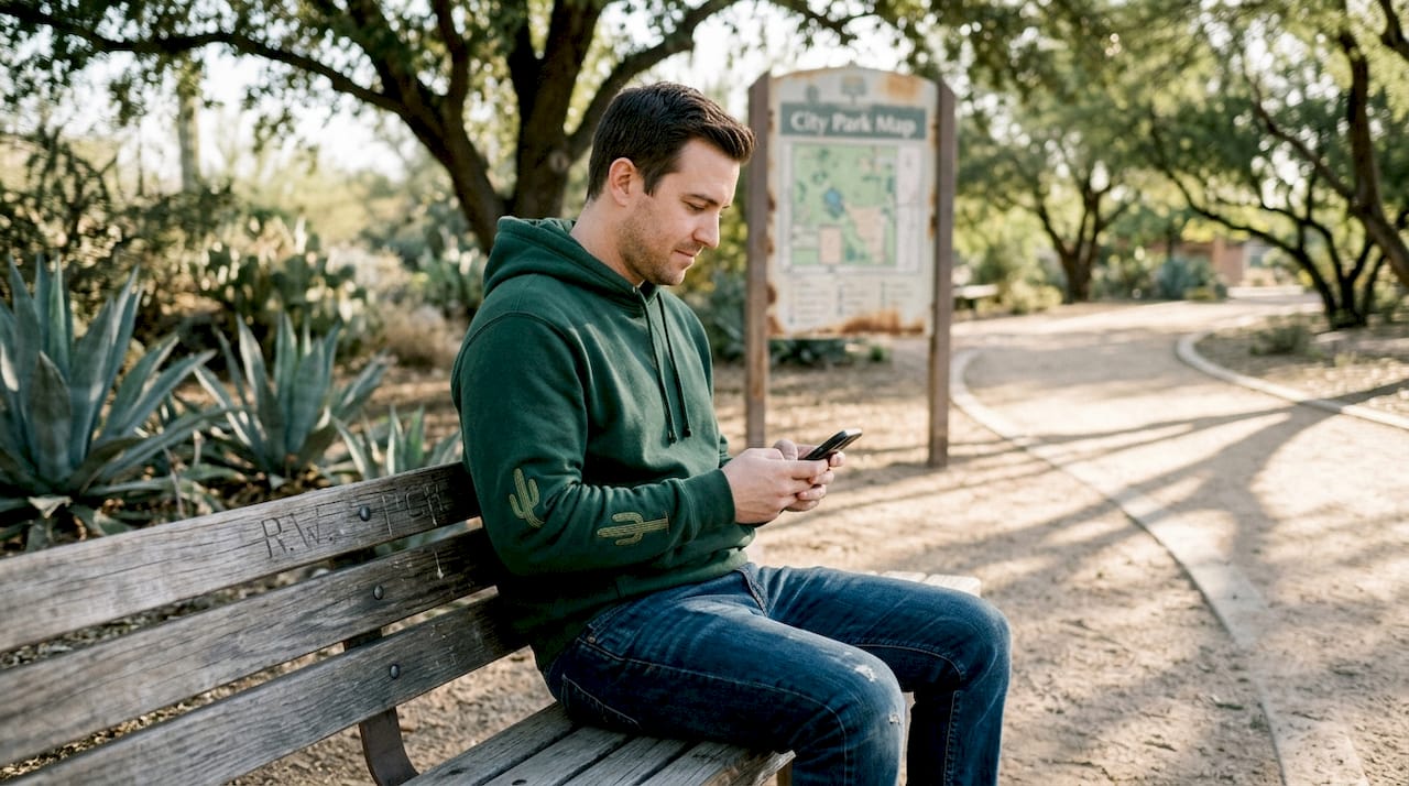Man wearing Arizona themed hoodie in park