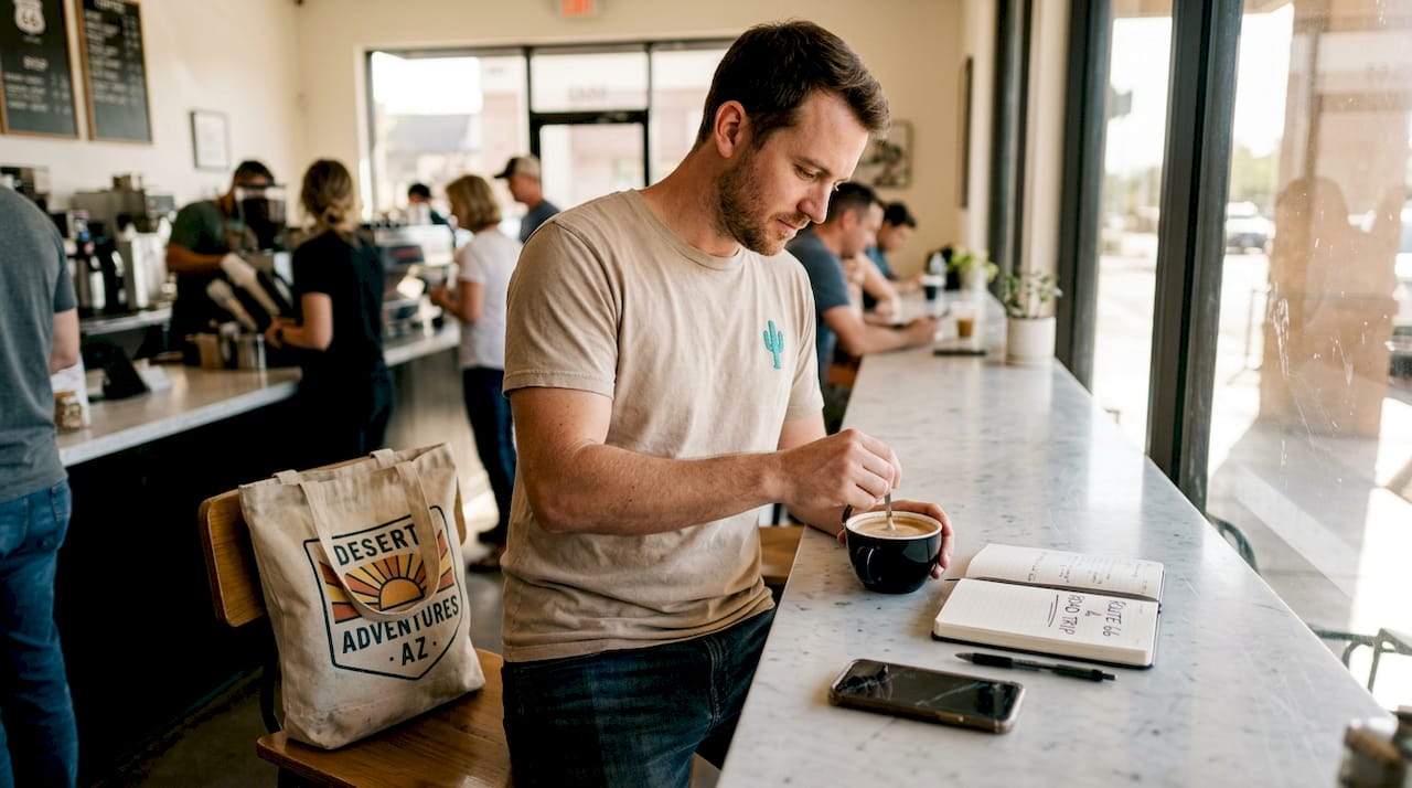 Man with Arizona icon tee at coffee shop