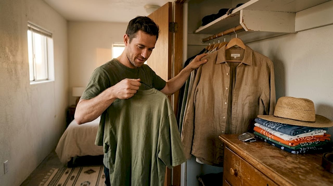 Man choosing breathable desert clothing