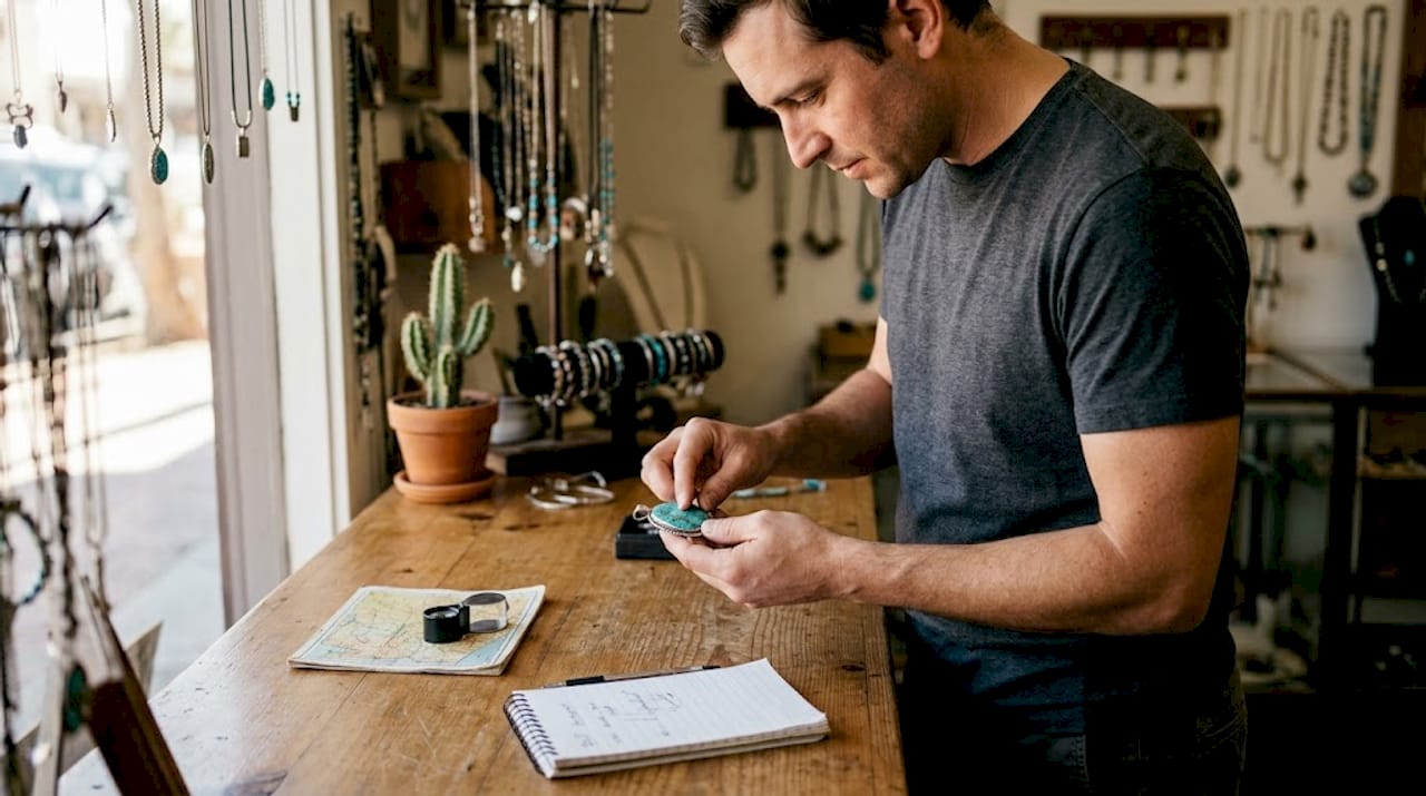 Shopper examines handcrafted turquoise jewelry up close