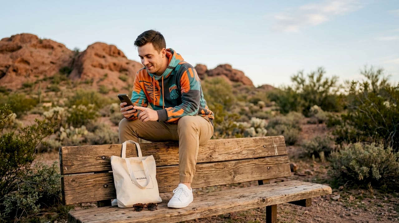 Man in graphic hoodie relaxing in Arizona park