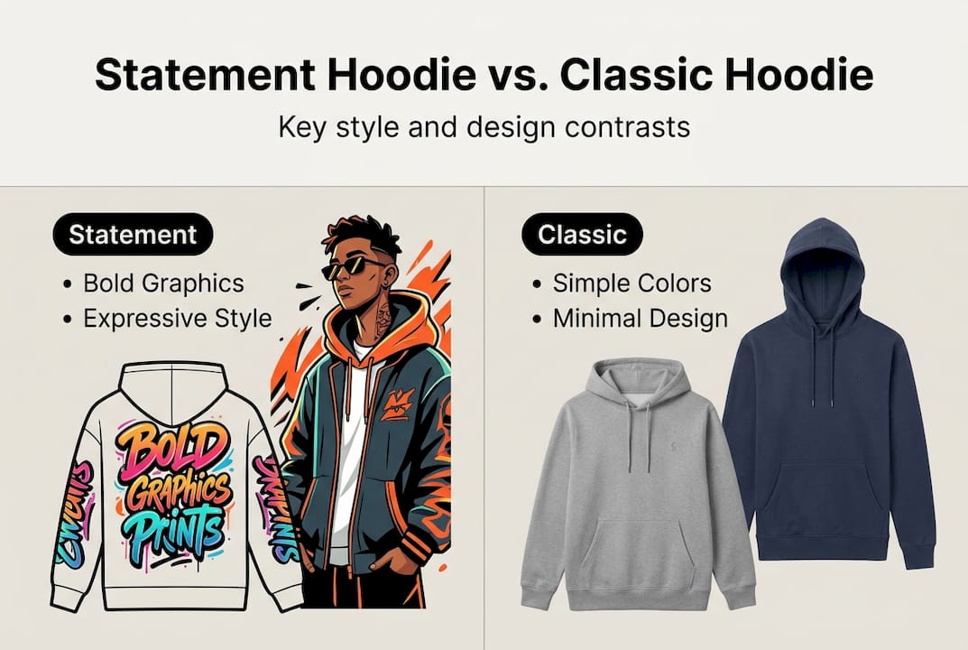Infographic contrasting statement and classic hoodies
