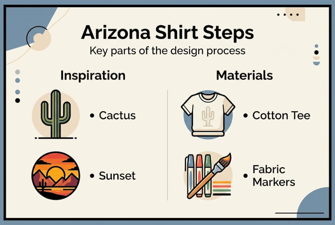 Infographic listing Arizona t-shirt design steps and materials