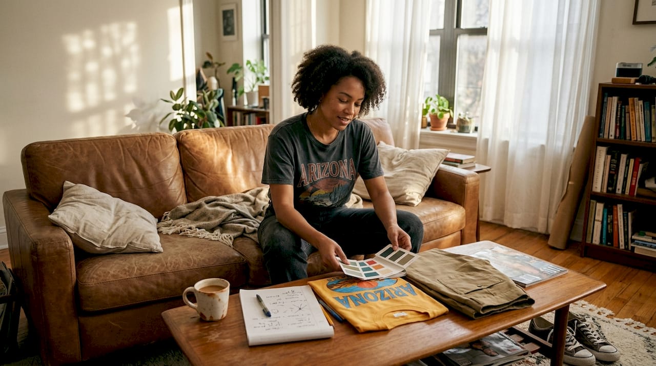 Woman pairing graphic tee with khaki pants