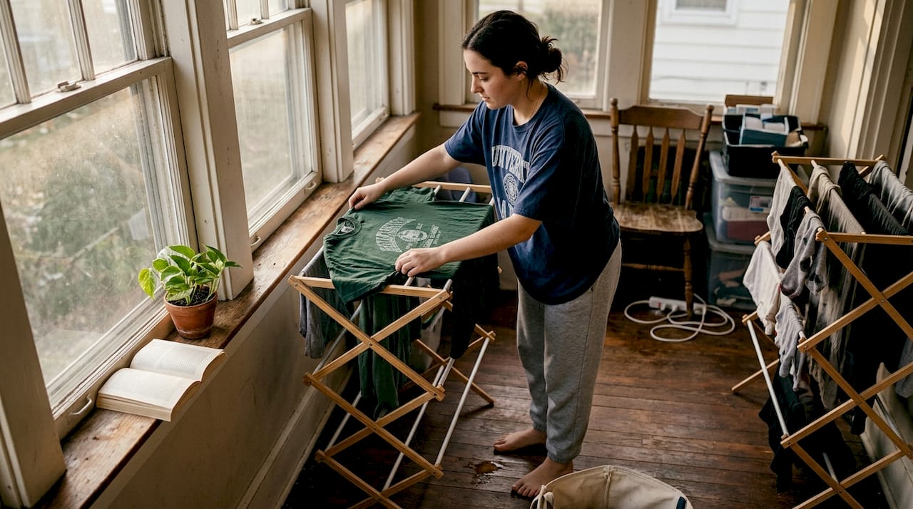 Laying graphic tee flat on drying rack