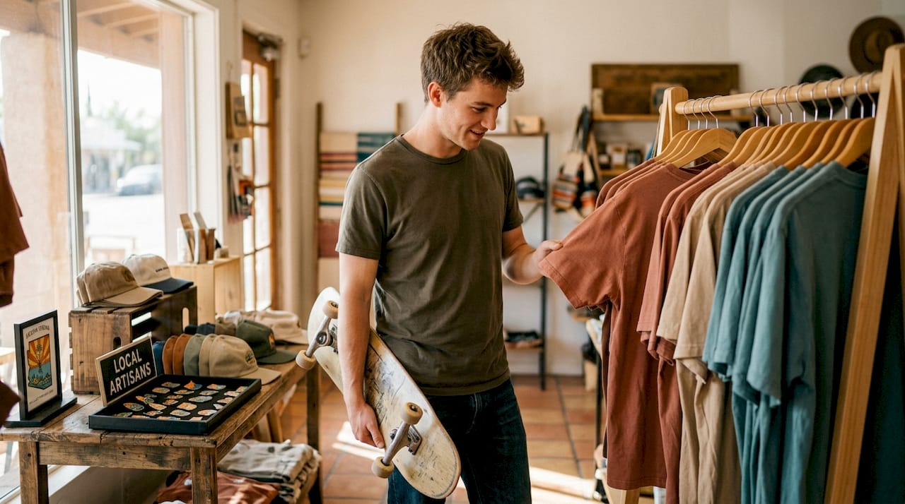 Shopper examines desert-colored clothing