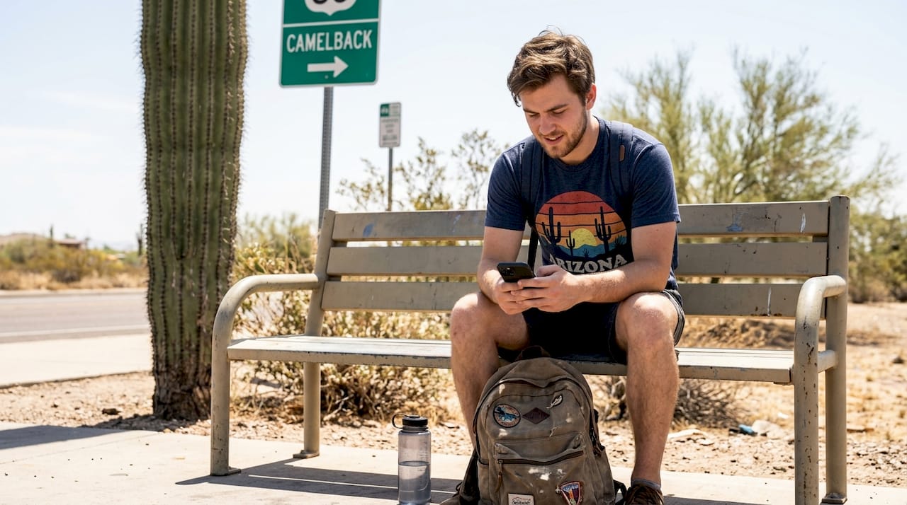 Man wearing Arizona-themed tee at bus stop
