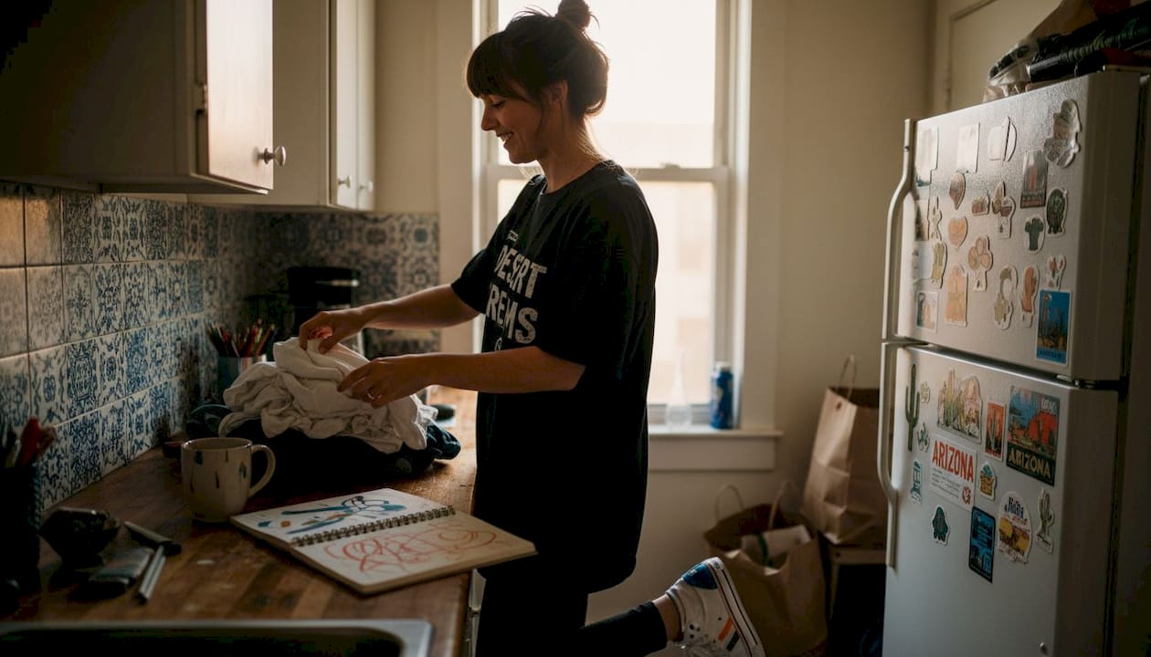 Woman wearing bold graphic tee at home