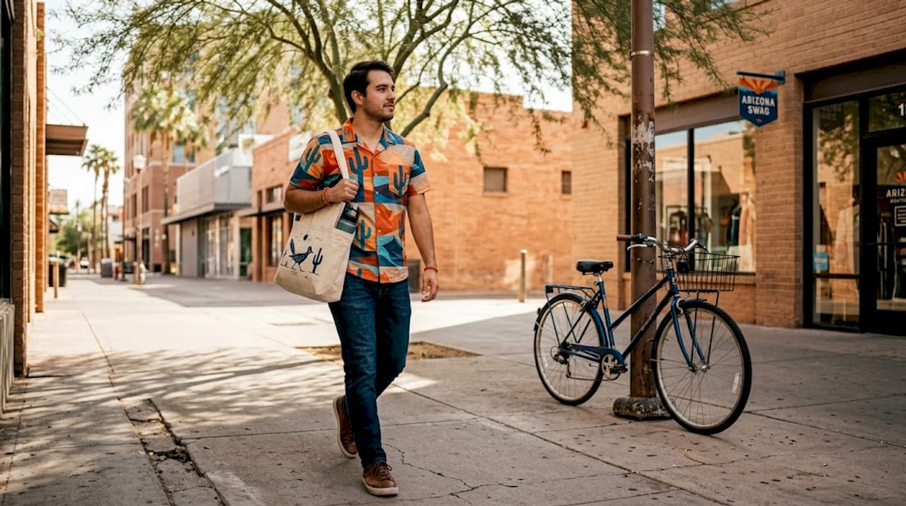 Man in geometric desert print shirt walking downtown