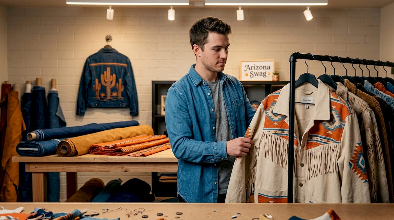 Designer reviewing boho-western streetwear fusion