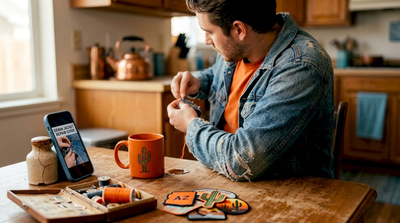 Man repairing denim jacket on kitchen table