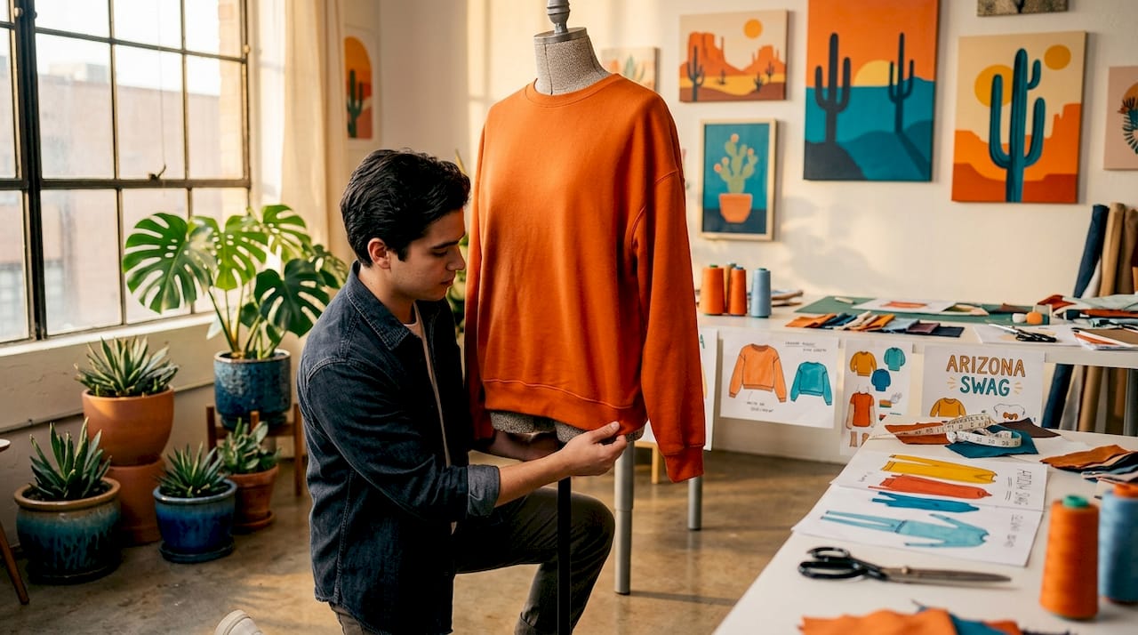 Designer fitting unisex sweatshirt in studio