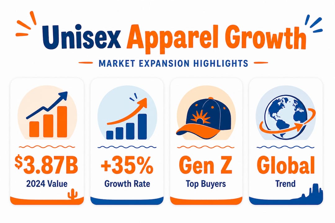 Infographic showing unisex apparel market growth statistics