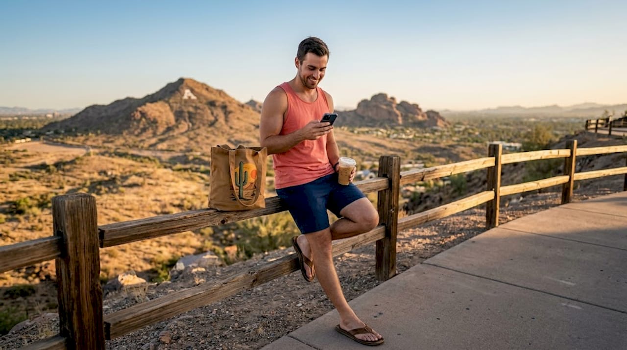 Man on bench in casual desert-themed outfit
