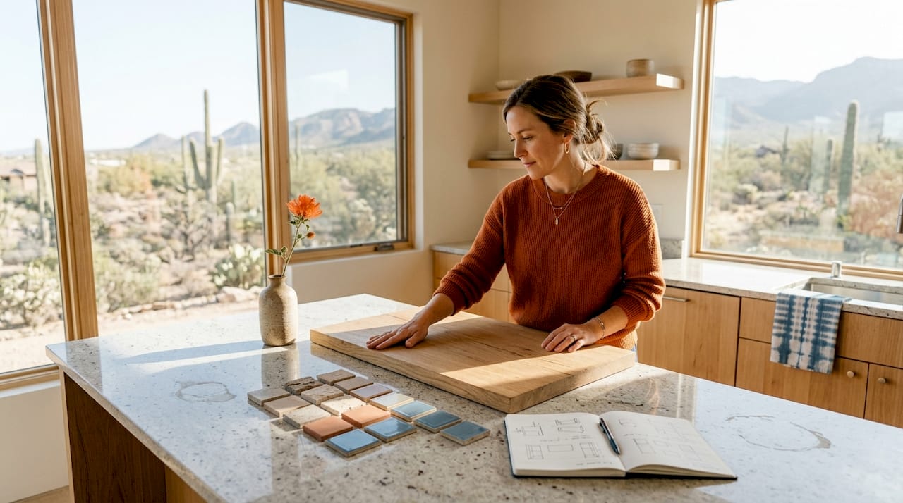 Designer reviews textured materials in Arizona home