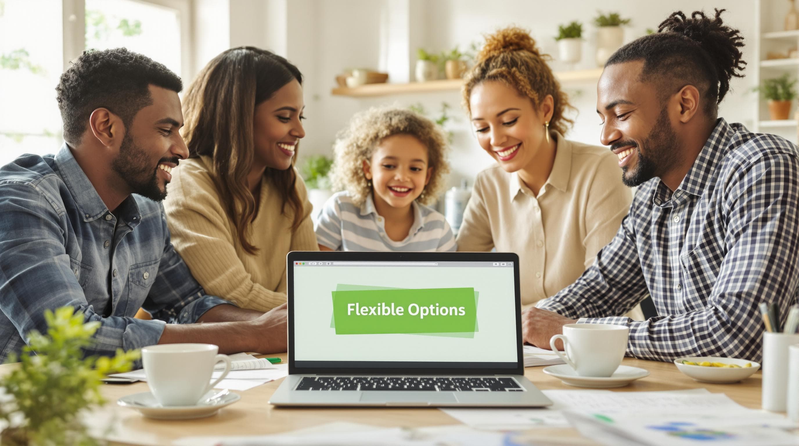 Family researches car loans on laptop, 'Flexible Options' on screen banner