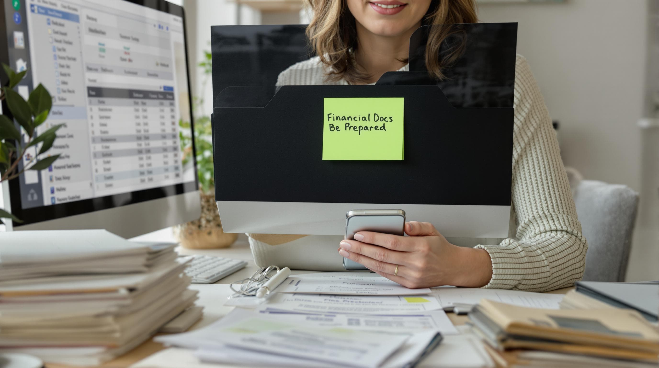 Woman in home office organizing financial documents, 'Financial Stability' on folder label
