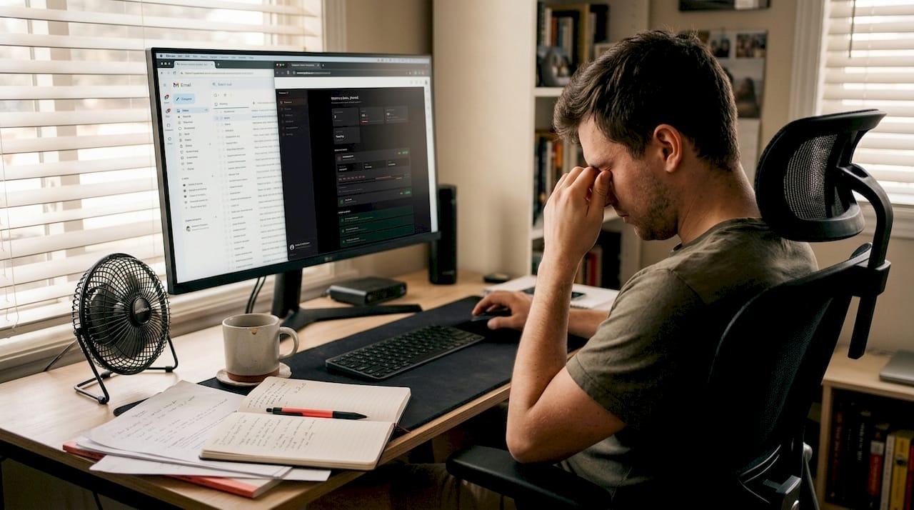 Tired creator at desk reviewing crowded inbox