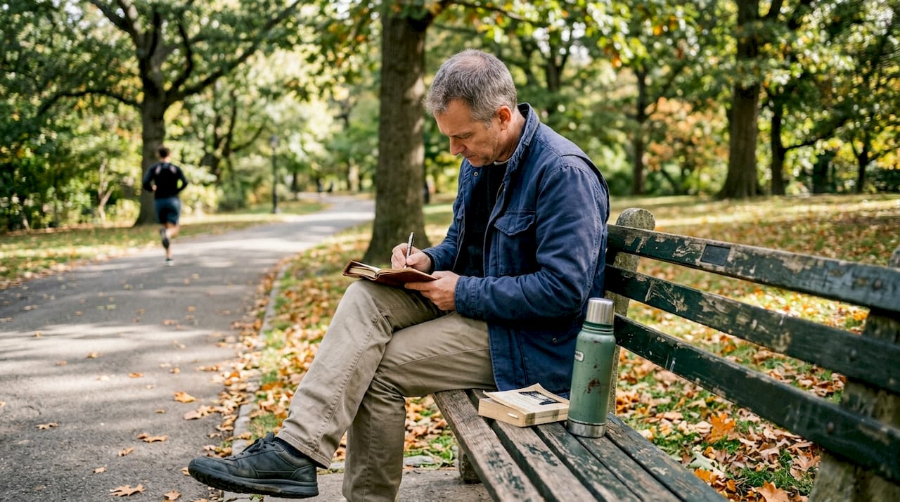 Man reflecting and writing in park