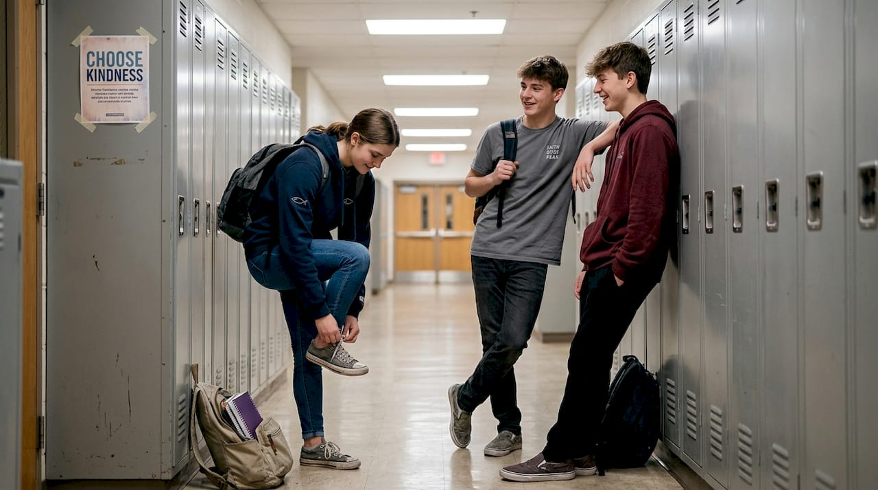 Teens in Christian message streetwear school hallway