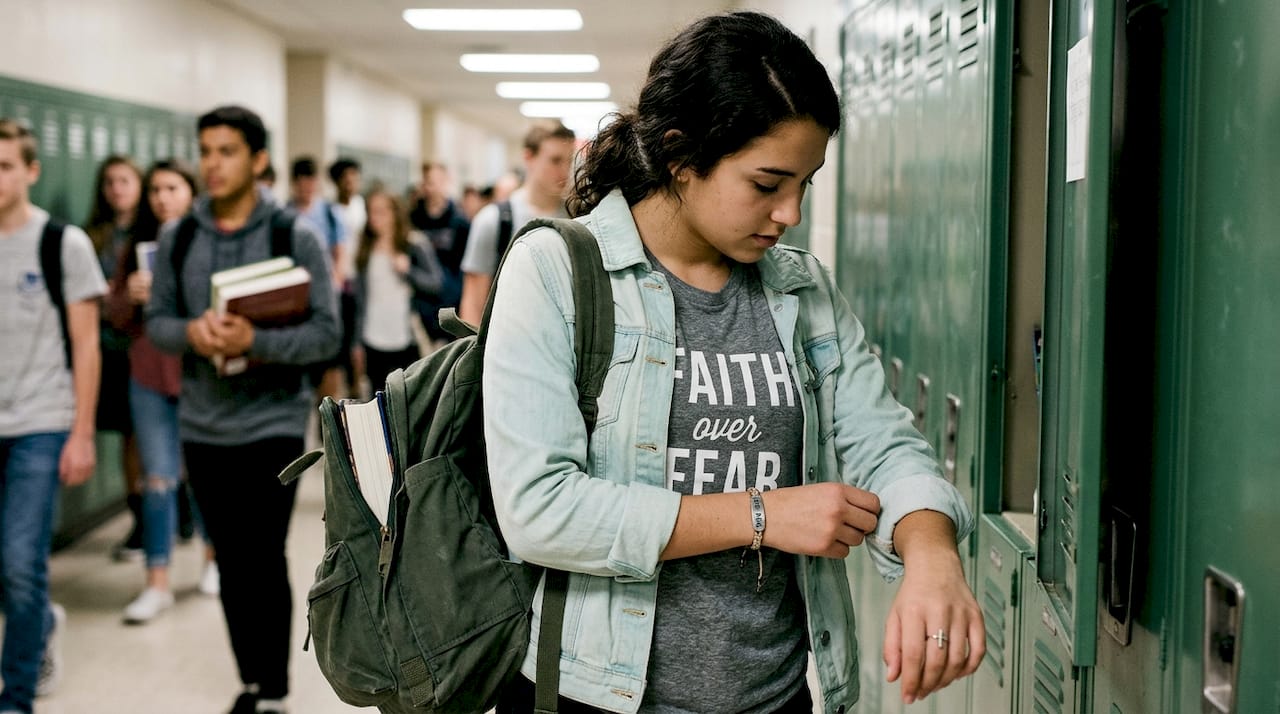 Christian streetwear layered in school hallway