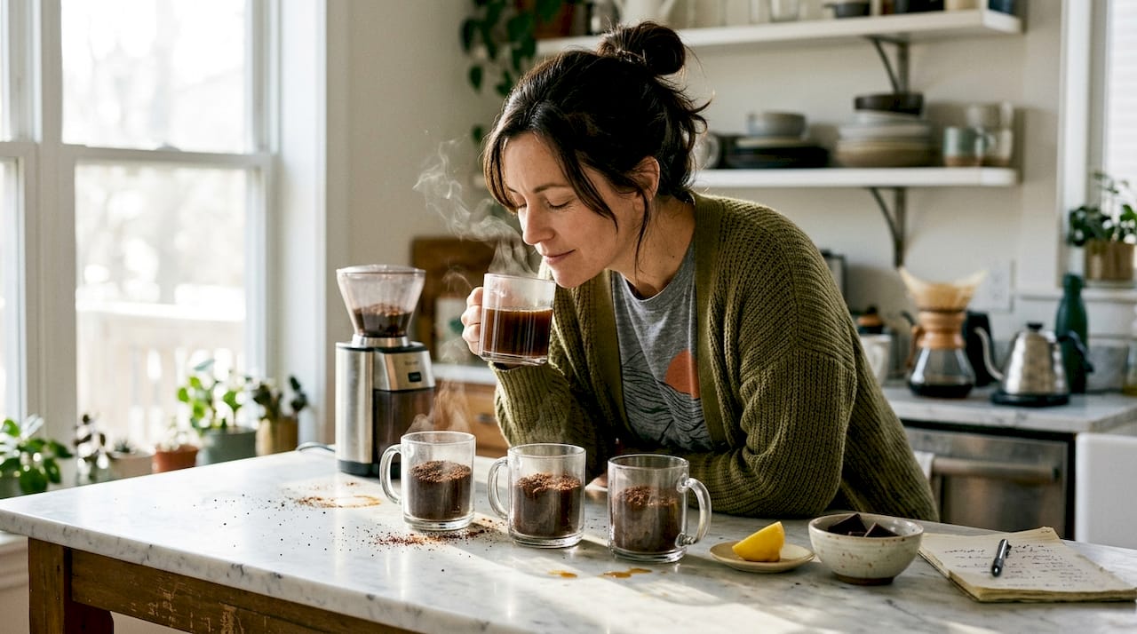 Woman smelling coffee grounds at home cupping