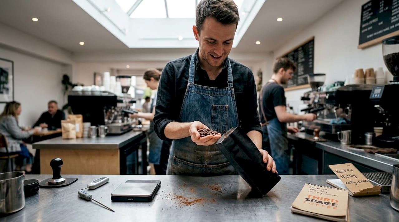 Barista inspects roasted coffee beans in café