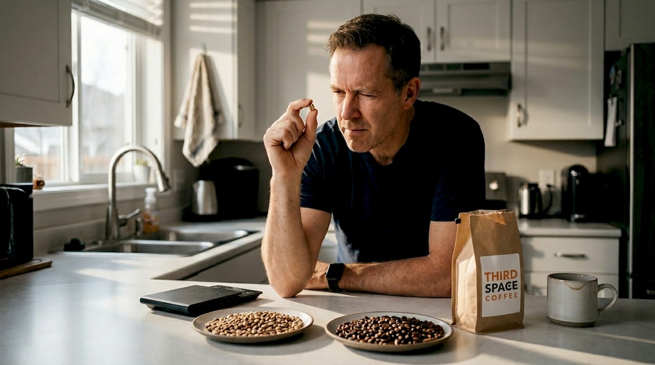 Man comparing coffee roast levels in kitchen
