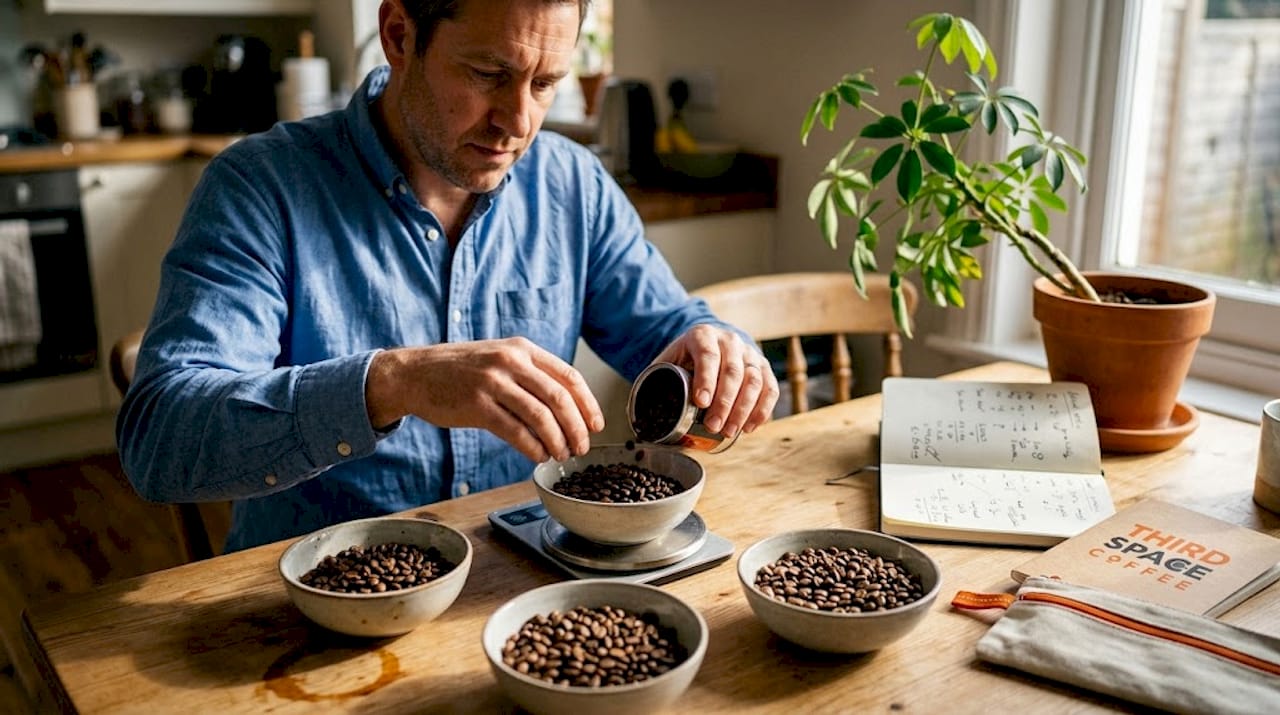 Man measuring coffee beans for blending at home