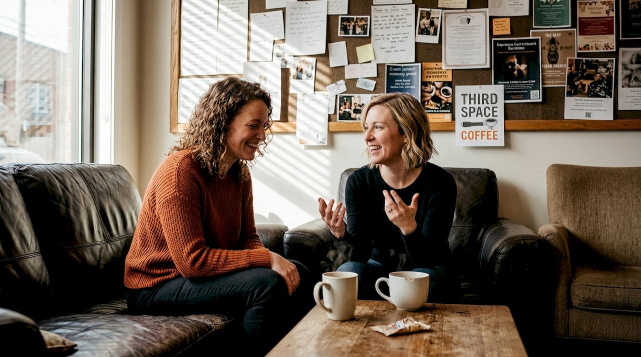 Women chatting together in coffee shop corner