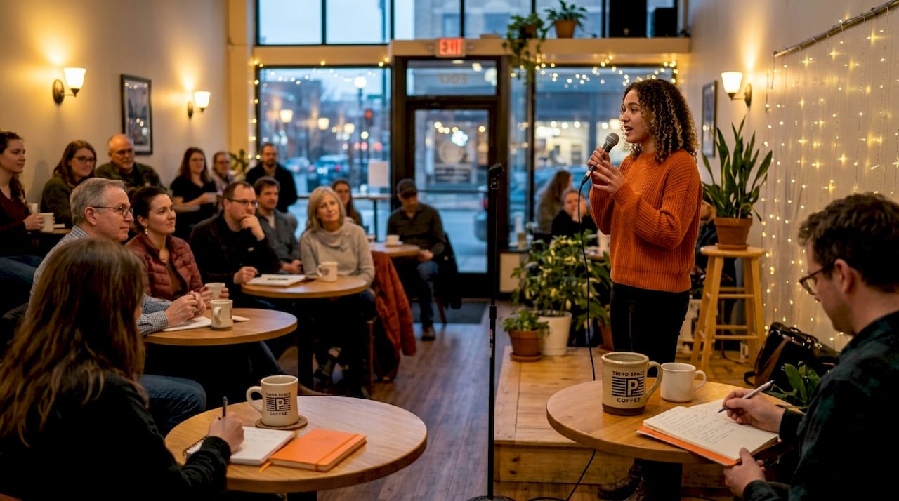 Open mic community event at coffee shop