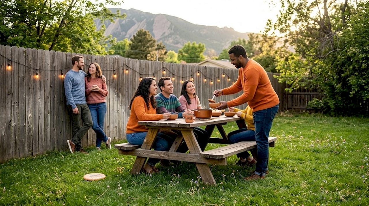 Small group interacting at backyard table gathering