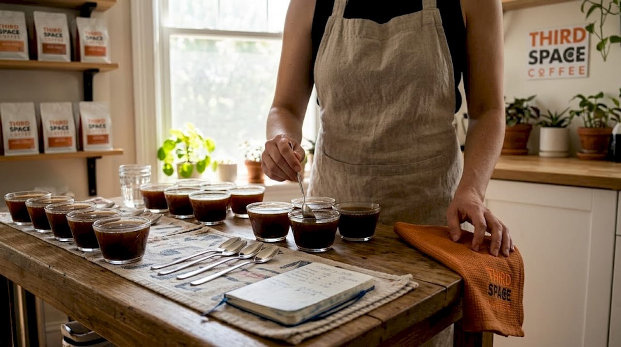 Barista comparing coffees at tasting table