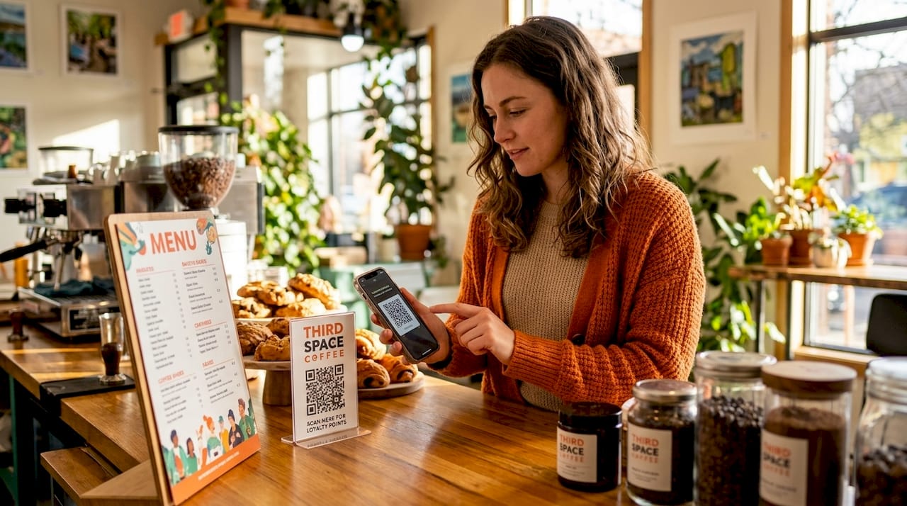 Customer uses phone for coffee shop loyalty program