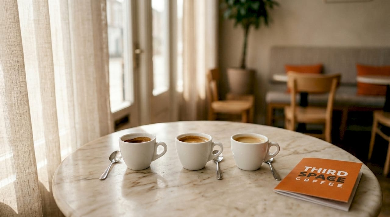 Three espresso shot types in cups on wooden table