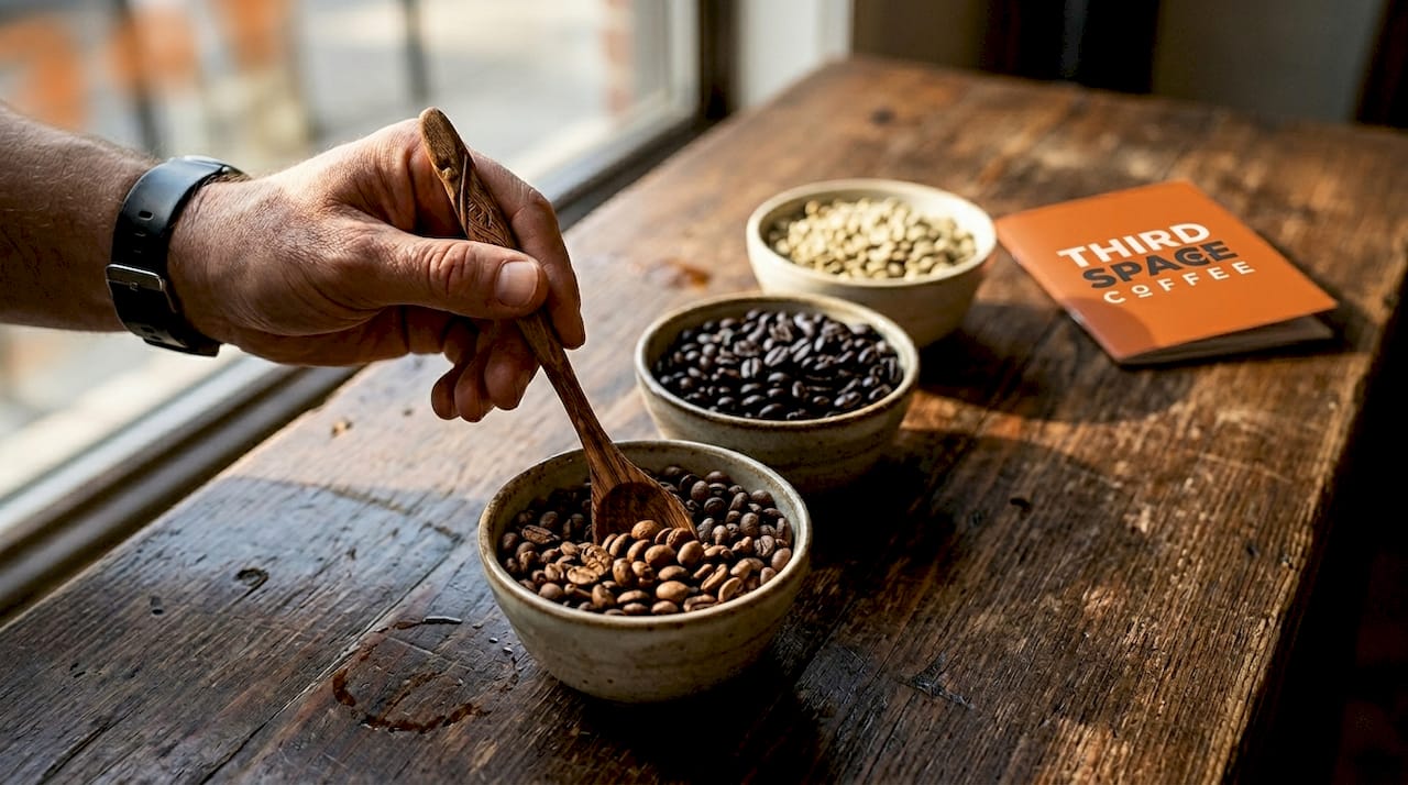 Different coffee roasting stages displayed in bowls