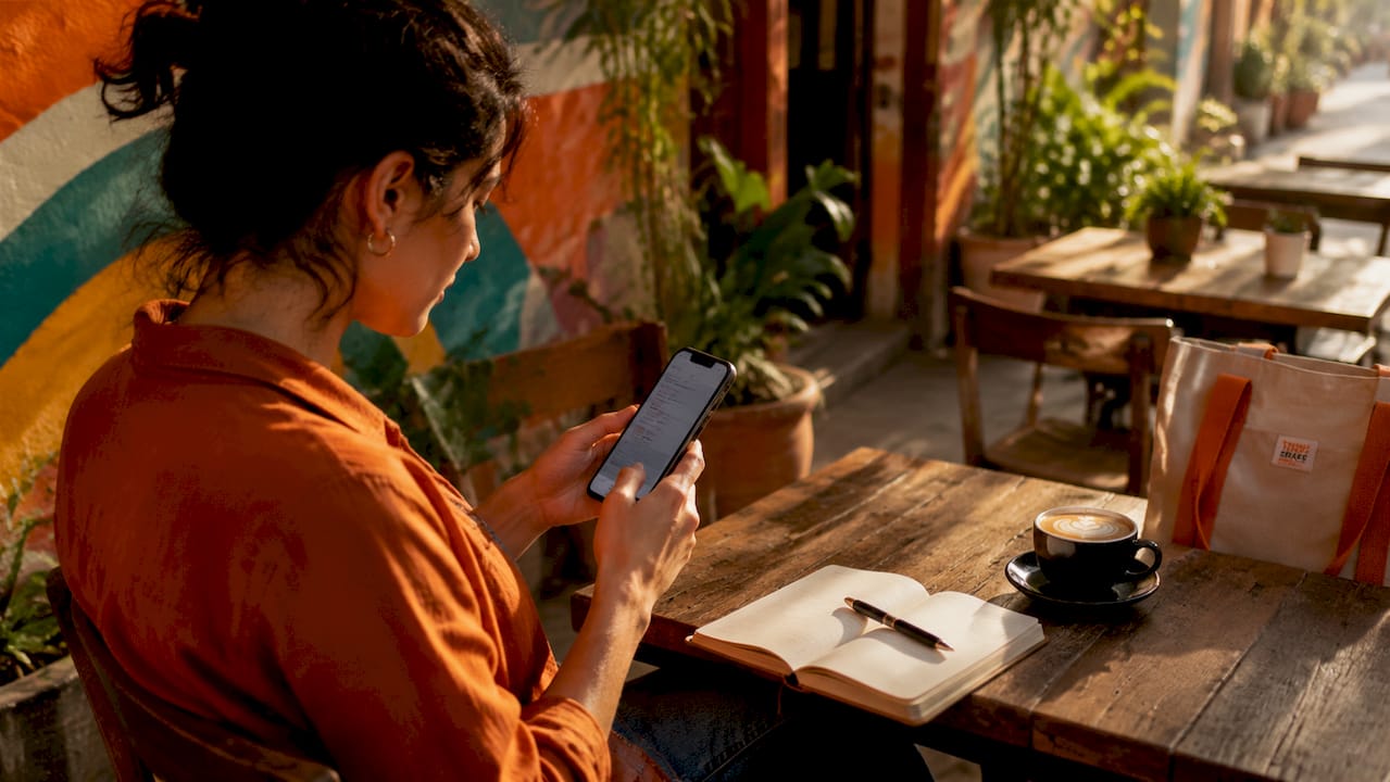 Customer viewing Instagram at coffee shop table